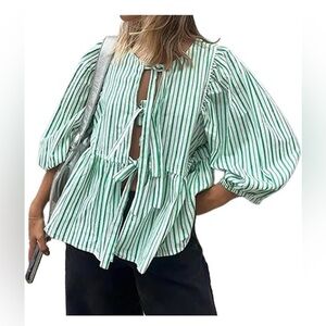 Women's Tie Front Tops Leopard Print Peplum Babydoll Top 3/4 Length Puff Sleeve